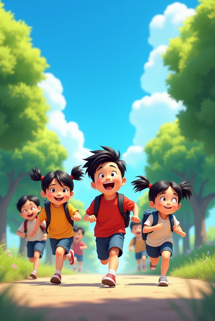 Asian boys and girls running with schoolbags, black hair, everyone is laughing, the background is blue sky and white clouds and green trees, Pixar style, Disney style, high detail, high quality
