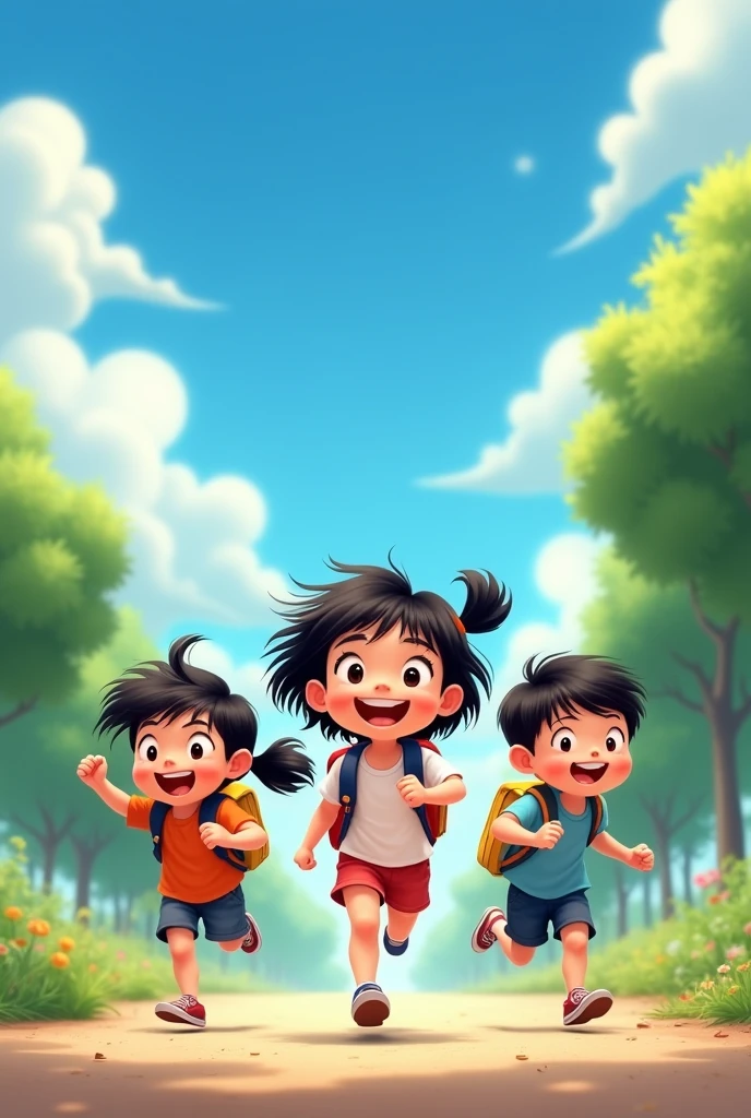 Asian boys and girls running with schoolbags, black hair, everyone is laughing, the background is blue sky and white clouds and green trees, Pixar style, Disney style, high detail, high quality
