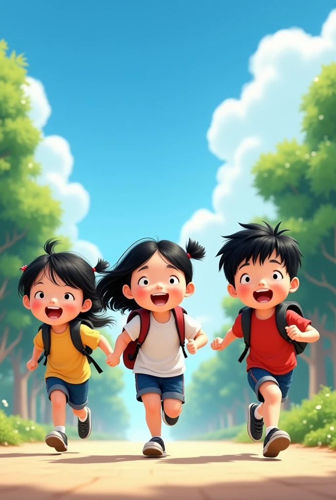 Asian boys and girls running with schoolbags, black hair, everyone is laughing, the background is blue sky and white clouds and green trees, Pixar style, Disney style, high detail, high quality