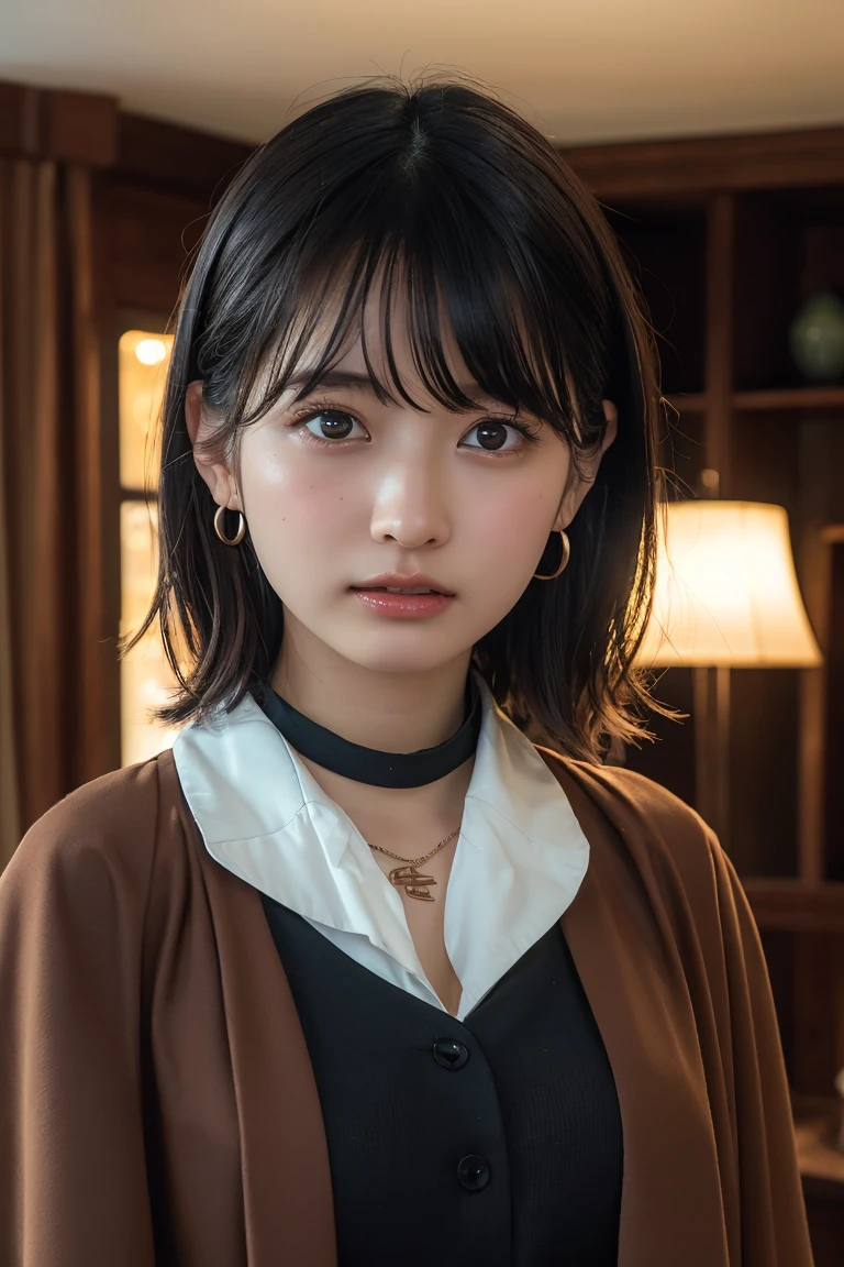 (Highest quality:1.4),(masterpiece:1.4),(Realistic:1.4),(Realistic:1.2),(超High resolution, RAW Photos:1.4),(High resolution, Ultra-detailed:1.2),(8k:1.2),View your viewers,Cinematic photography,One person,skeletally correct,Black-haired woman,Woman in her early 20s,(Small earrings,necklace,Brown cape collar dress),(Western-style building interior,Dimly lit room,The lamplight shines on my cheeks)