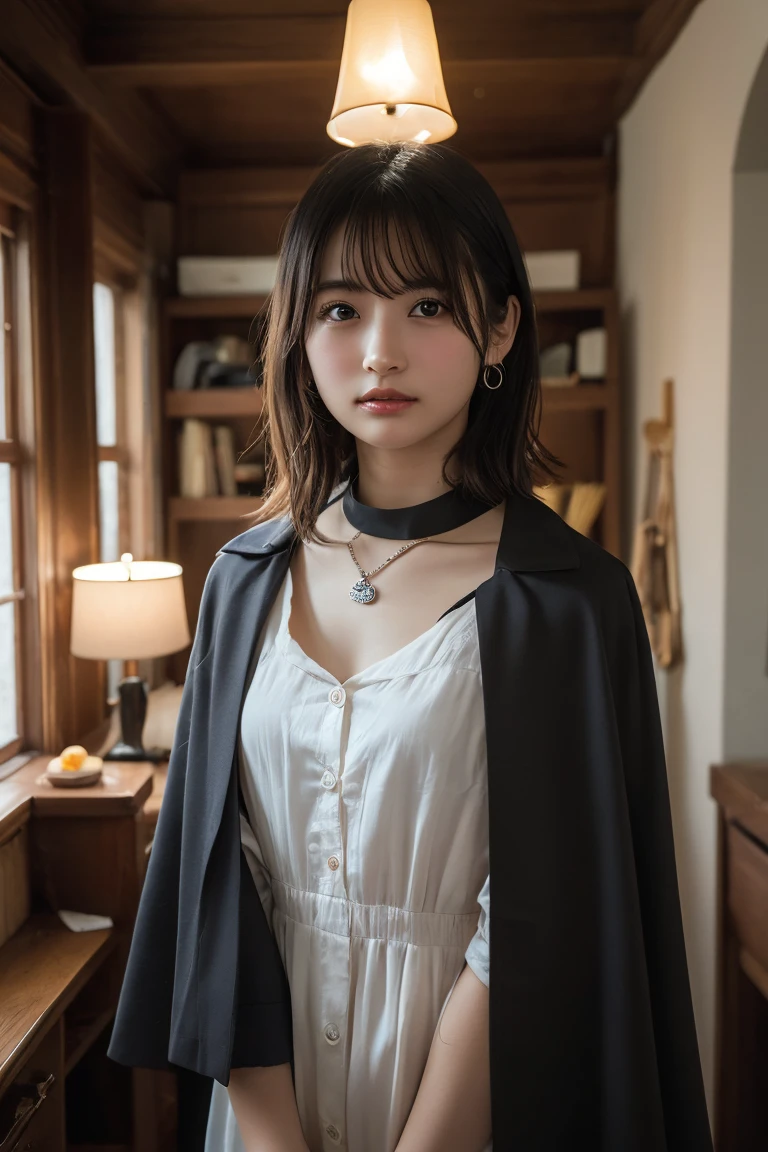 (Highest quality:1.4),(masterpiece:1.4),(Realistic:1.4),(Realistic:1.2),(超High resolution, RAW Photos:1.4),(High resolution, Ultra-detailed:1.2),(8k:1.2),View your viewers,Cinematic photography,One person,skeletally correct,Black-haired woman,Woman in her early 20s,(Small earrings,necklace,Brown cape collar dress),(Western-style building interior,Dimly lit room,The lamplight shines on my cheeks)