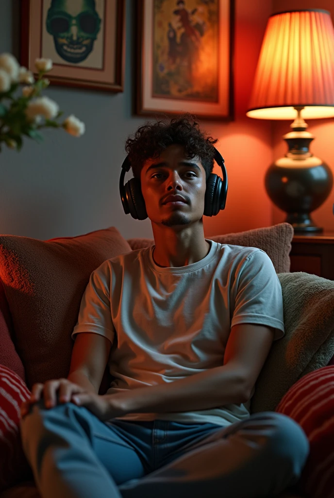  30 year old boy in leasing music with headphones in bad and beautiful room 