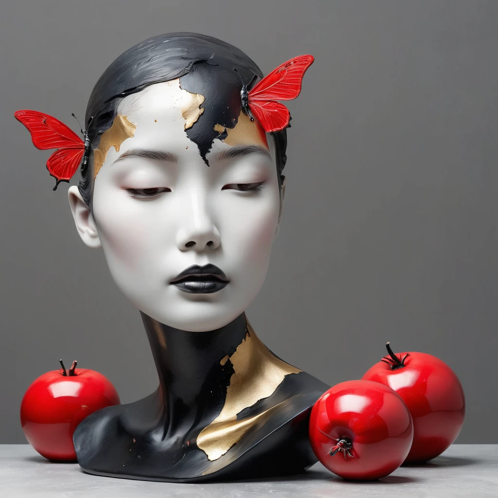 ((exhibition，Still Life Table，Artistic statues，3D sculpture，ceramics，Surface cracks，Broken texture)), mercy，thin neck，Show the beauty of nature.Black & Red Theme，by Kane，gold powder， This work is presented on a gray background..，Highlight its artistic qualities.Ray tracing
