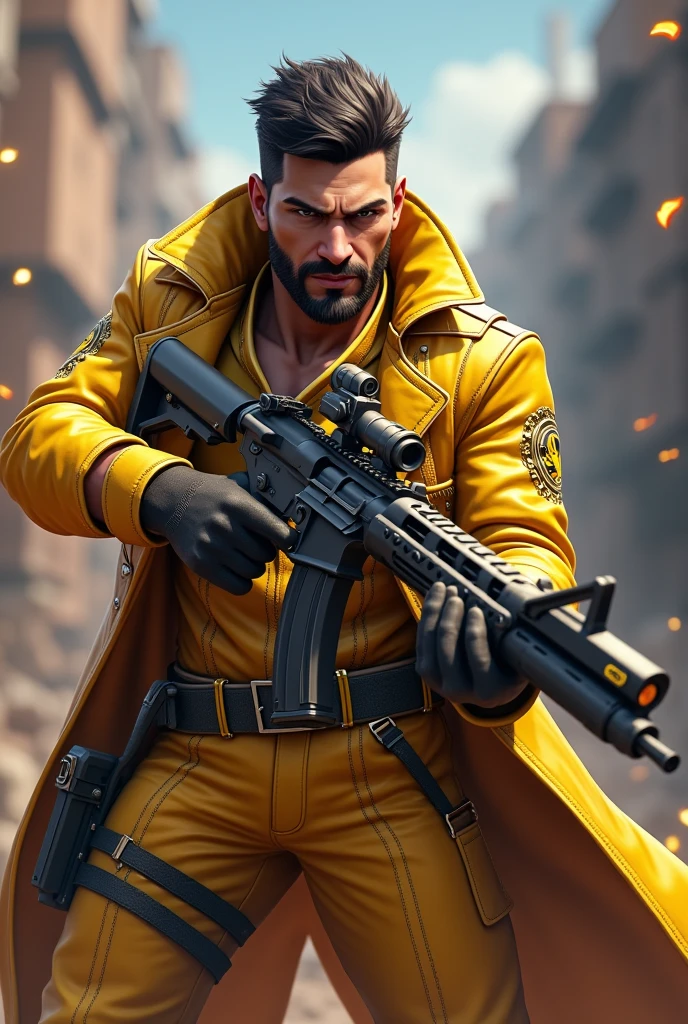 Freefire game character wearing  golden elite pass .
 On hand cobra MP40 gun max  in game 