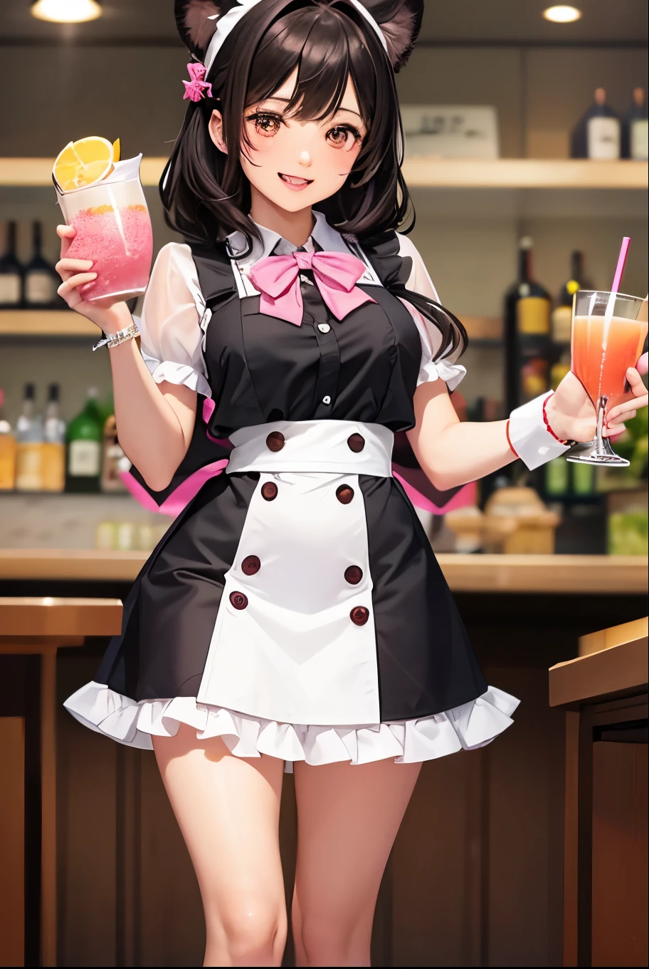 Cute short curly brown hair anime koala girl wearing black and pink maid uniform. Smiling with open mouth and holding a tray of pink cocktail drinks in a bar setting. Full body portrait, long legs, brown dyed hair. At the bar counter.