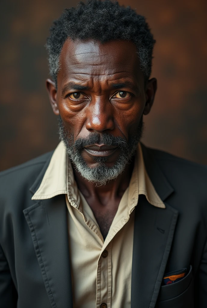 A middle-aged African man with brown hair and grey eyes, a formal outfit, but in poor condition