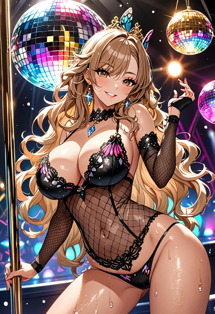 (Highest quality, Ultra-high resolution、The most complex and detailed depiction、masterpiece、8k, RAW Photos, Best image quality、Very detailedな顔、Attention to detail、Beautiful woman、Realistic、photo-Realistic、Very detailed, Beautiful attention to detail:1.5),(One adult woman:1.3)、(blush)、(Gal-style makeup、mascara 、eyeshadow、Dark eyeliner、Long and beautiful eyelashes、False eyelashes、double eyelid、heavy makeup、hostess、Brown eyes、:1.5)，(A bra with a pale rainbow gradient butterfly pattern、Light rainbow gradient butterfly pattern panties:1.5)、Gorgeous jeweled necklace、Gold bracelet、A gorgeous gold tiara studded with jewels、Sheer black lace dress、Mesh fabric、Fishnet tights,(Black opera gloves)、(A  smile),(under boob、Huge :1.2)、(Cleavage:1.2)、(((Light brown hair、Wavy Hair、Long Hair)))、elongated nose、Face with gills、(Very tanned and shiny skin、Perfect Style，sexy)、Saggy breasts、Large saggy breasts、((Sweat、Your body is wet))、((Dim Club、pole dance))、(Mirror ball)、Sleepy face