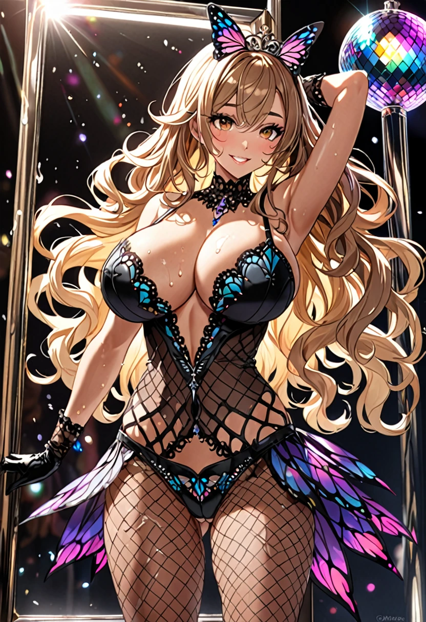 (Highest quality, Ultra-high resolution、The most complex and detailed depiction、masterpiece、8k, RAW Photos, Best image quality、Very detailedな顔、Attention to detail、Beautiful woman、Realistic、photo-Realistic、Very detailed, Beautiful attention to detail:1.5),(One adult woman:1.3)、(blush)、(Gal-style makeup、mascara 、eyeshadow、Dark eyeliner、Long and beautiful eyelashes、False eyelashes、double eyelid、heavy makeup、hostess、Brown eyes、:1.5),(A bra with a pale rainbow gradient butterfly pattern、Light rainbow gradient butterfly pattern panties:1.5)、Gorgeous jeweled necklace、Gold bracelet、A gorgeous gold tiara studded with jewels、Sheer black lace dress、Mesh fabric、Fishnet tights,(Black opera gloves)、(A seductive smile),(under boob、Huge breasts:1.2)、(Cleavage:1.2)、(((Light brown hair、Wavy Hair、Long Hair)))、elongated nose、Face with gills、(Very tanned and shiny skin、Perfect Style,sexy)、Saggy breasts、Large saggy breasts、((Sweat、Your body is wet))、((Dim Club、pole dance))、(Mirror ball)、Sleepy face