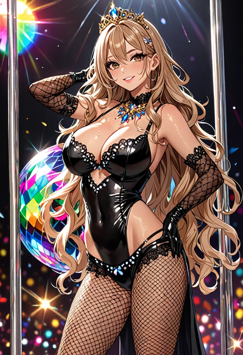 (Highest quality, Ultra-high resolution、The most complex and detailed depiction、masterpiece、8k, RAW Photos, Best image quality、Very detailedな顔、Attention to detail、Beautiful woman、Realistic、photo-Realistic、Very detailed, Beautiful attention to detail:1.5),(One adult woman:1.3)、(blush)、(Gal-style makeup、mascara 、eyeshadow、Dark eyeliner、Long and beautiful eyelashes、False eyelashes、double eyelid、heavy makeup、hostess、Brown eyes、:1.5),(A bra with a pale rainbow gradient butterfly pattern、Light rainbow gradient butterfly pattern panties:1.5)、Gorgeous jeweled necklace、Gold bracelet、A gorgeous gold tiara studded with jewels、Sheer black lace dress、Mesh fabric、Fishnet tights,(Black opera gloves)、(A seductive smile),(under boob、Huge breasts:1.2)、(Cleavage:1.2)、(((Light brown hair、Wavy Hair、Long Hair)))、elongated nose、Face with gills、(Very tanned and shiny skin、Perfect Style,sexy)、Saggy breasts、Large saggy breasts、((Sweat、Your body is wet))、((Dim Club、pole dance))、(Mirror ball)、Sleepy face
