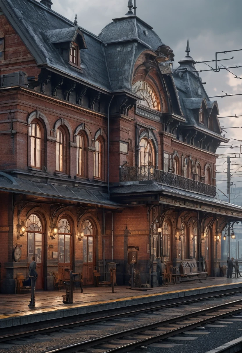 photo of Train Station, 19century, (best quality, masterpiece, Representative work, official art, Professional, Ultra intricate detailed, 8k:1.3)