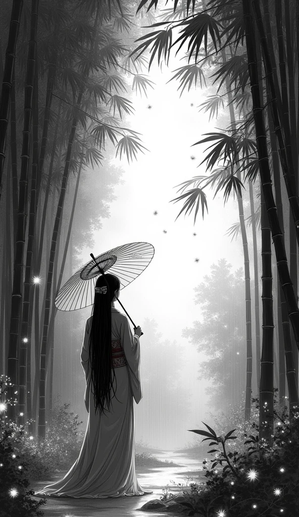 dynamic ink painting of a bamboo grove, black and white,monochrome, great art, great sense of depth, ground level shot, the most beautiful bamboo grove in the world, bamboo leaves shining through rainwater, moon\(pale blue\) with a light overcast, beautiful woman\(ancient Japanese noble, beautiful kimono, beautiful long black hair\) looking up at the moon holding an umbrella,raining softly, fireflies flying around, bamboo leaves are placed three-dimensionally in the foreground, long distance shot