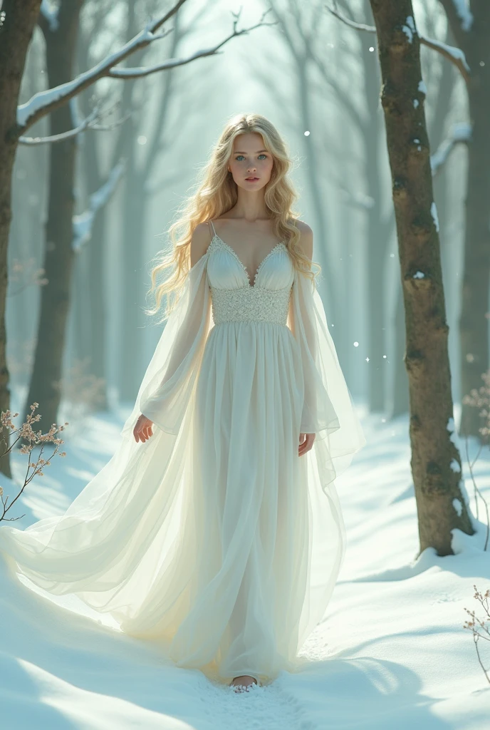 Generates an 1 girl, slim, Natural blonde like the sun, long wavy hair, Too white and pure skin and Emerald green eyes wearing a white dress covered and walking in a forest with snow