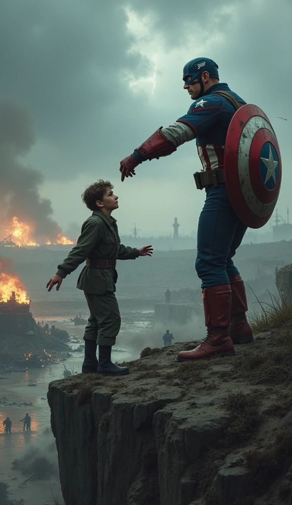 Captain America is depicted standing in the foreground of a World War II battlefield, reaching out with his right hand towards a moment frozen in time where Bucky Barnes is in mortal danger. The focus is on the tension and emotion in this pivotal moment.Captain America is shown in full color, his iconic red, white, and blue suit vividly contrasted against the monochromatic, muted tones of the battlefield around him. His shield, slightly slung over his back, catches a subtle golden light from an unseen source, emphasizing its importance. Bucky, in his WWII uniform, is depicted clinging to the edge of a cliff, his face a mixture of fear and determination, with dirt and blood smudging his features. The environment should show debris, scattered weapons, and explosions frozen mid-air, with a smokey, war-torn landscape fading into the background. Captain America is positioned slightly to the right of the center, drawing the viewer’s eye towards his outstretched hand and the frozen scene of Bucky. The perspective should be slightly low, looking up at Captain America to emphasize his internal struggle and the weight of his decision. In the background, soldiers and war machines are locked in combat, all frozen in time.The battlefield is a chaotic mix of destruction—trenches, shattered trees, and craters filled with stagnant water. The sky is overcast with thick, dark clouds, hinting at an impending storm, with occasional flickers of lightning illuminating the scene. Smoke and dust hang in the air, adding to the sense of stillness and suspension of time.Referências Emocionais: The atmosphere is heavy with sorrow and urgency. Captain America’s face is etched with deep lines of worry and conflict, his eyes filled with a sense of helplessness as he considers altering a critical moment in time. His body language reflects hesitation, with his feet firmly planted yet his upper body leaning forward, torn between action and inaction.The image should balance the complexity of the batt