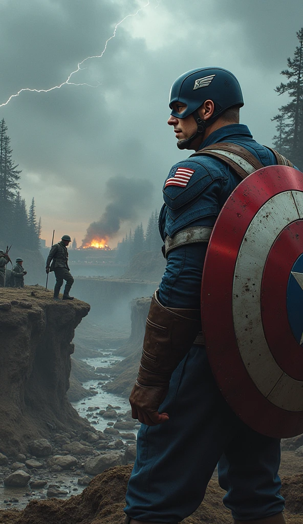 Captain America is depicted standing in the foreground of a World War II battlefield, reaching out with his right hand towards a moment frozen in time where Bucky Barnes is in mortal danger. The focus is on the tension and emotion in this pivotal moment.Captain America is shown in full color, his iconic red, white, and blue suit vividly contrasted against the monochromatic, muted tones of the battlefield around him. His shield, slightly slung over his back, catches a subtle golden light from an unseen source, emphasizing its importance. Bucky, in his WWII uniform, is depicted clinging to the edge of a cliff, his face a mixture of fear and determination, with dirt and blood smudging his features. The environment should show debris, scattered weapons, and explosions frozen mid-air, with a smokey, war-torn landscape fading into the background. Captain America is positioned slightly to the right of the center, drawing the viewer’s eye towards his outstretched hand and the frozen scene of Bucky. The perspective should be slightly low, looking up at Captain America to emphasize his internal struggle and the weight of his decision. In the background, soldiers and war machines are locked in combat, all frozen in time.The battlefield is a chaotic mix of destruction—trenches, shattered trees, and craters filled with stagnant water. The sky is overcast with thick, dark clouds, hinting at an impending storm, with occasional flickers of lightning illuminating the scene. Smoke and dust hang in the air, adding to the sense of stillness and suspension of time.Referências Emocionais: The atmosphere is heavy with sorrow and urgency. Captain America’s face is etched with deep lines of worry and conflict, his eyes filled with a sense of helplessness as he considers altering a critical moment in time. His body language reflects hesitation, with his feet firmly planted yet his upper body leaning forward, torn between action and inaction.The image should balance the complexity of the batt