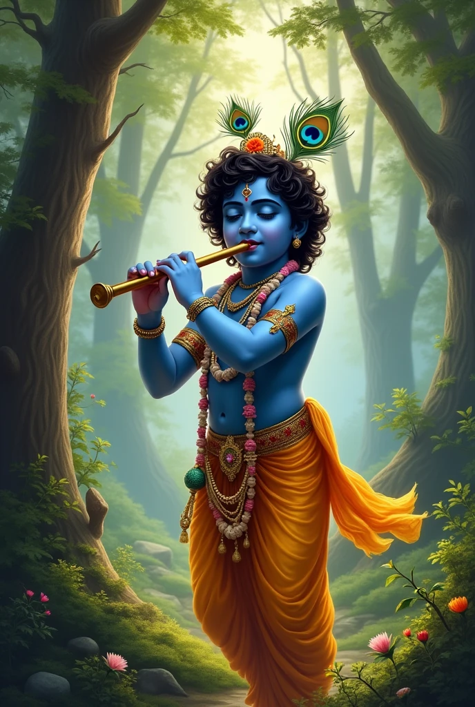 Image of lord krishna with  flute  and morpankh in a forest 