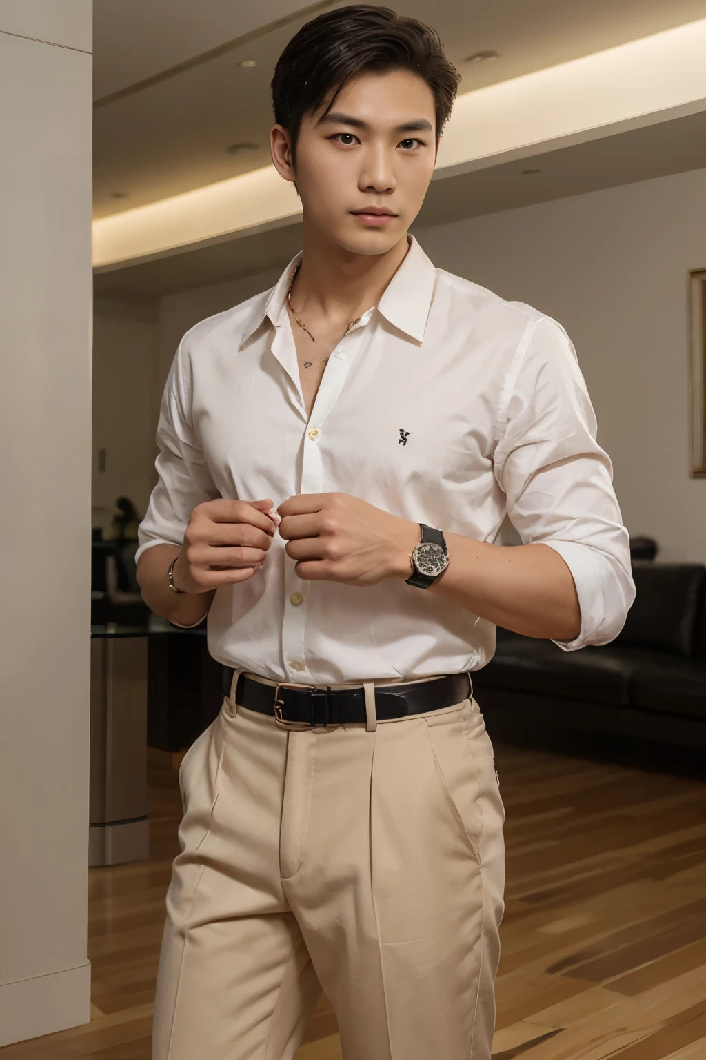 masterpiece, Best quality, realistic, a handsome Thai-Korean guy dressed in a casual yet stylish outfit, wearing a prominently visible wristwatch. The outfit should be modern and elegant, with meticulous attention to detail in both the clothing and accessories. The wristwatch adds a touch of sophistication to his overall look