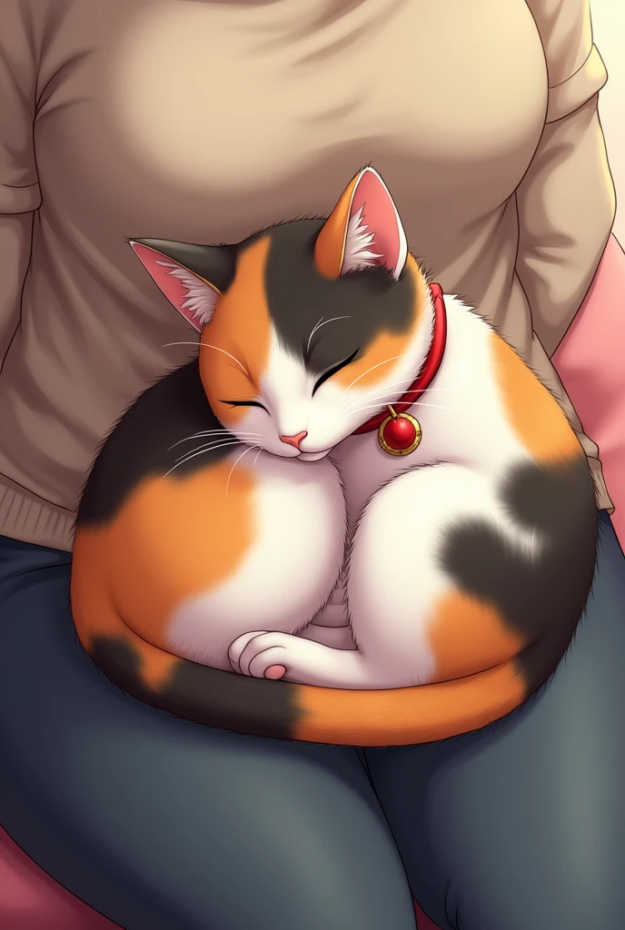 Anime Calico cat with red bell collar curled up like a ball in human's lap, with eyes closed and it's paws tucked under it. 