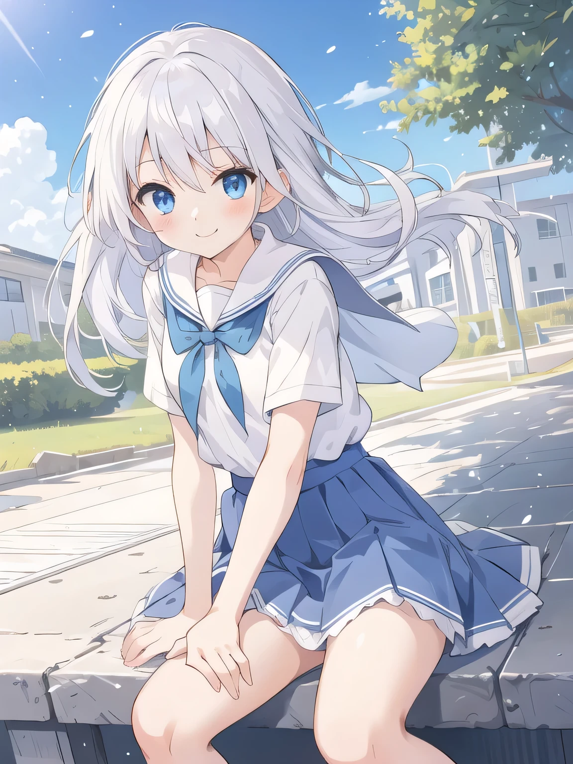 cute girl, アニメ, silver hair, Blue eyes, feel shy, cute, (young:1.2), side shot, cowboy shot, white school uniform, morning, school zone, smile, blue skirt, strong wind, (white pantie:1.2), sitting, (open leg:1.2), ローアングル