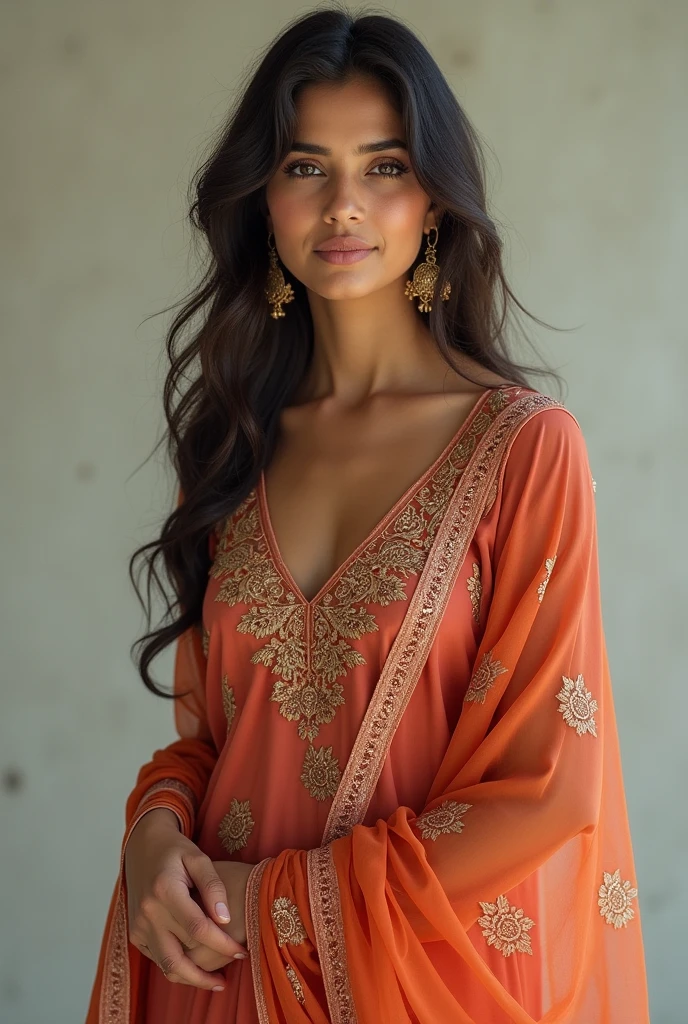 There a woman isma young beautiful Indian woman Wearing salwar kameez and dupatta, face features like malvika Sharma , Standing looking into the camera, portrait causal photo.. Realism, Realism, Portrait 10 photo