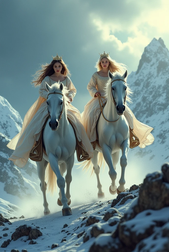 Beautiful queens fleeing over the summit on their white fleeing horses but horses should be fleeing over ear