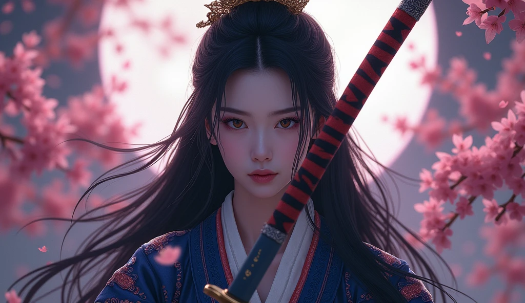Beautiful samurai, porcelain skin, long black hair, With seriousness, intense expression, Traditional Japanese samurai costume decorated with, Highly detailed clothes, (Holding a Japanese sword:1.5),The Artistic Style of Harrison Fisher and Catrin Welz-Stein, bright colors, Highly detailed, full figure, Cinematic Moonlight, Cherry blossom background, Drama pose, elegant, elegant, king, complicated details, Masterpiece, realistic, 8ก, best quality,(look at viewer:1.5)
