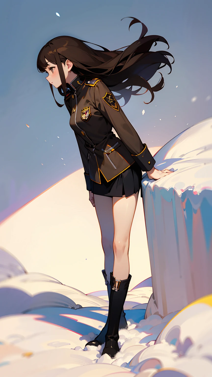 a girl,,standing in snow,long brown hair,very slim,skinny,wearing uniform,short skirt,baring legs,wearing short black boots
