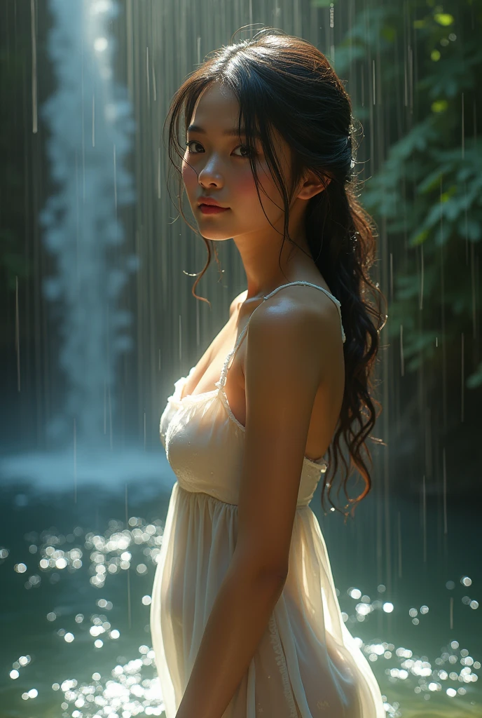 (((Full body image of a young Asian girl))),(Full body model shooting style), (Shy), 1 beautiful girl, , Shiny black hair、 Extremely rich facial details, Beautiful Eye, Lovely, Red cheeks，bright, Eye, Stunning beauty, (Rembrandt Lighting,Ring lighting),Tilt-Shift Lens, ARRI Lenses, Surrealism, (Attention to skin details:1.2),4K, Dramatic rim light,glitter effects, high quality,Very delicate and beautiful, wonderful, detailed, masterpiece, 非常detailed, high resolution,Best Shot, ((Best shadow)),Exquisite contrast,complicated,Clear focus, high quality, 1 young Asian woman, Solitary.Lovely,Magnificent waterfall,(Water Drop,rainbow）,雾状Water Drop,wet,lens flare,sleeveless,Ruffles,Beautiful breasts,Moist skin,Cool Eyes,Glossy lips,Tired smile,Radiant Skin,clear translucent skin,from above,waistline,Beautiful nipples,((No underwear, Very transparent, naked, Naked chest, Barely covers her nipples)),((wet, Her pajamas are transparent，The wet skirt is clearly visible，Water drops flowing down the body)),Wet transparent silk pajamas, Expose slender legs,Blurred ahead, Eye,Vivid red，The graceful figure walks and dances lightly，((SIGMA 35mm Full Body Lens, Full body shot)) Jump Kick 