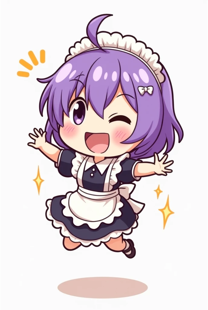 Create an image of a purple haired maid chibi Kawai cartoon style that is jumping for joy super cute