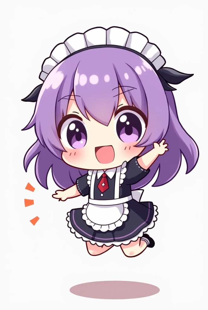 Create an image of a purple haired maid chibi Kawai cartoon style that is jumping for joy super cute