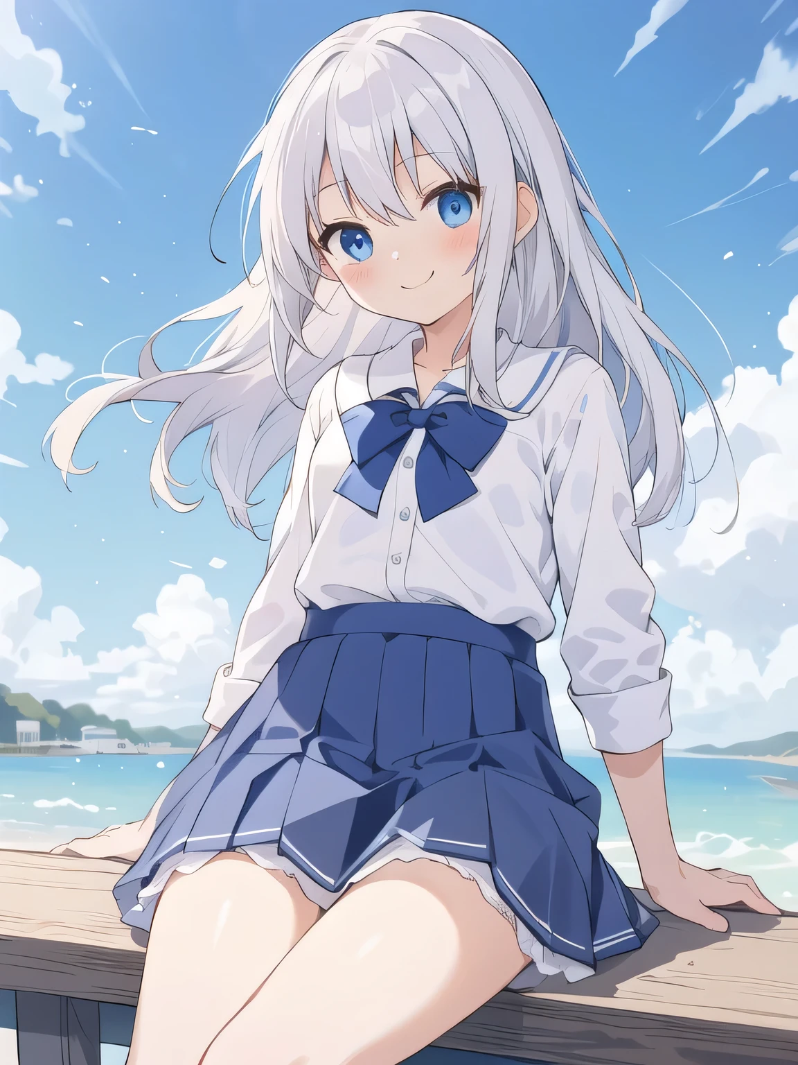 cute girl, アニメ, silver hair, Blue eyes, feel shy, cute, (young:1.2), side shot, cowboy shot, white school uniform, morning, school zone, smile, blue skirt, strong wind, (white pantie:1.2), sitting, (open leg:1.2), ローアングル