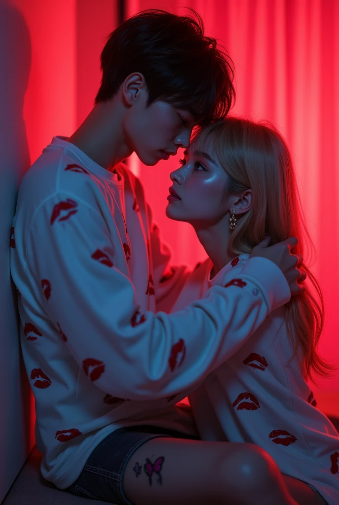 Generate me a picture of a blonde girl with blue eyes with tears in her eyes, a crying butterfly tattoo on the legs of a boy with Korean features with not so slanted eyes with a white long sleeve shirt full of red lipstick kisses and unbuttoned pants with a lip piercing. Both full body and white skin. In a neon red room, kissing