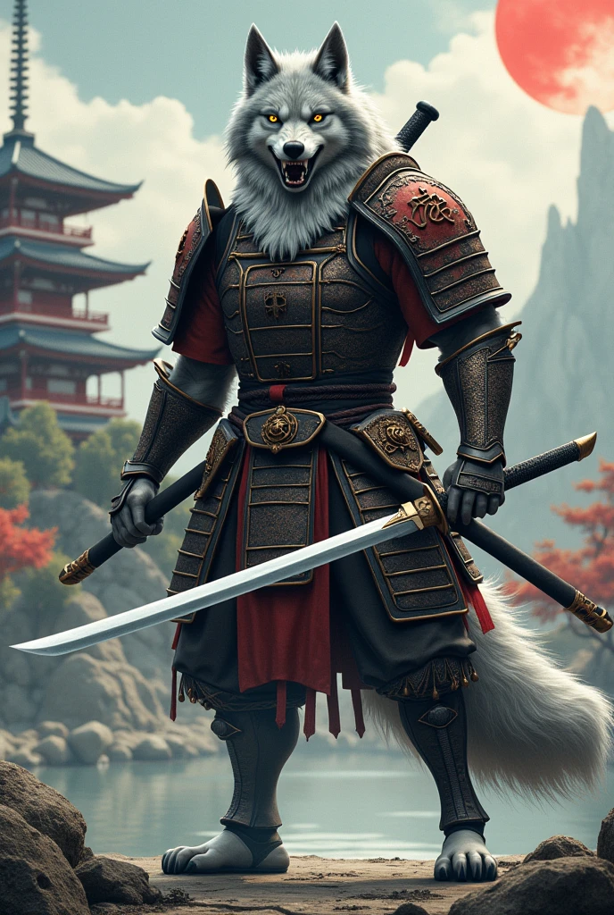 Anthropomorphic wolf in samurai armor with a katana in hand
