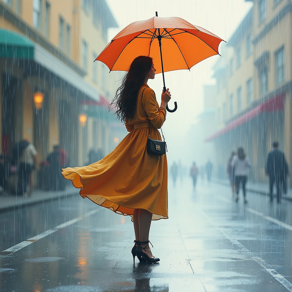 High-quality realistic acrylic art, vivid colors, A stunning watercolor portrait of a bohemian woman, adorned with a fashionable umbrella and raincoat, gracefully standing amidst a soft rainfall. The muted, misty colors of the scene create a serene atmosphere, with delicate raindrops falling and reflecting off the wet pavement. The overall composition exudes a sense of tranquility and elegance, as if the woman is embracing the gentle rain and the beauty of the moment.