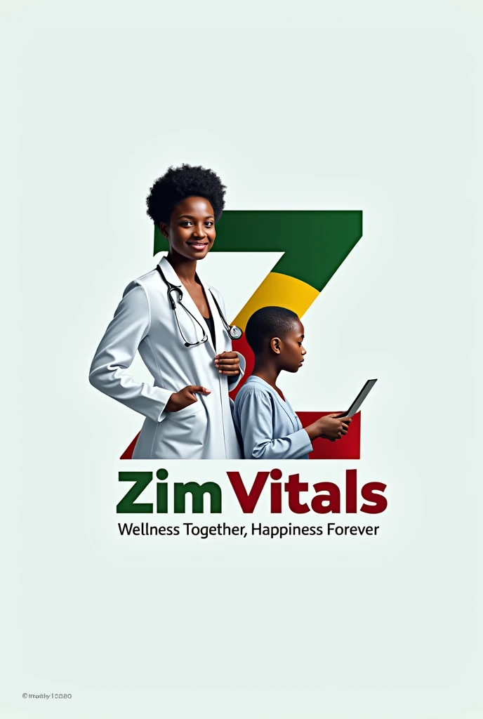 I want a logo for a health channel called ZimVitals, with motto "Wellness together, happiness forever". With a photorealistic black doctor with a patient in the background. Put a Z which has green, yellow, red and black in that order.