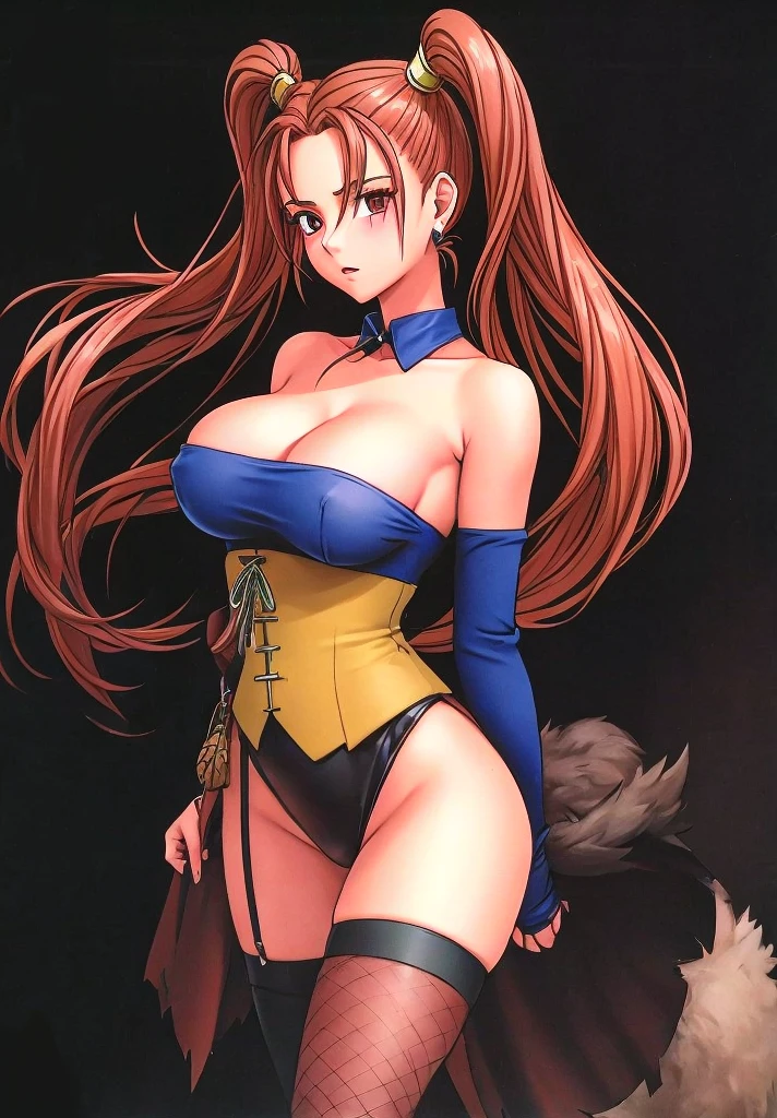 Jessica, with her big breasts, beautiful legs, shoulder-length twin tails, showing her arms and shoulders, and a mature face, is standing in a black high-cut bunny suit and fishnet stockings.。Jessica is surrounded by bandit men.。forest。