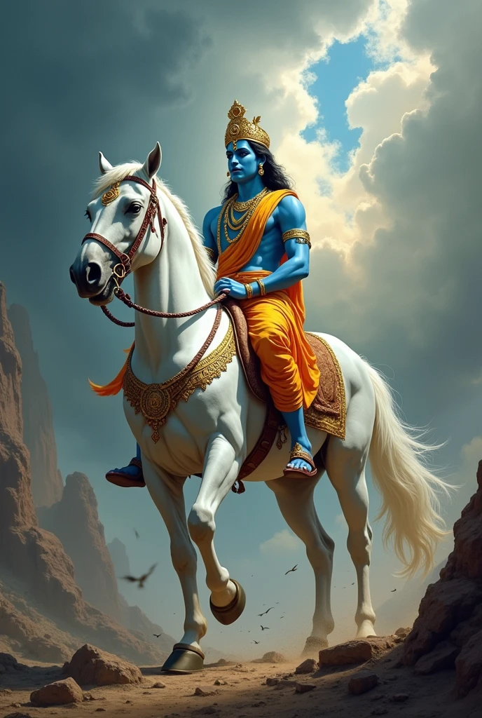 Big white horse and god krishna riding it in kalyug with background of end of kalyug