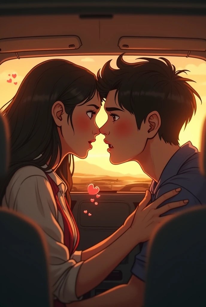 Girl and boy trying kissing in a car