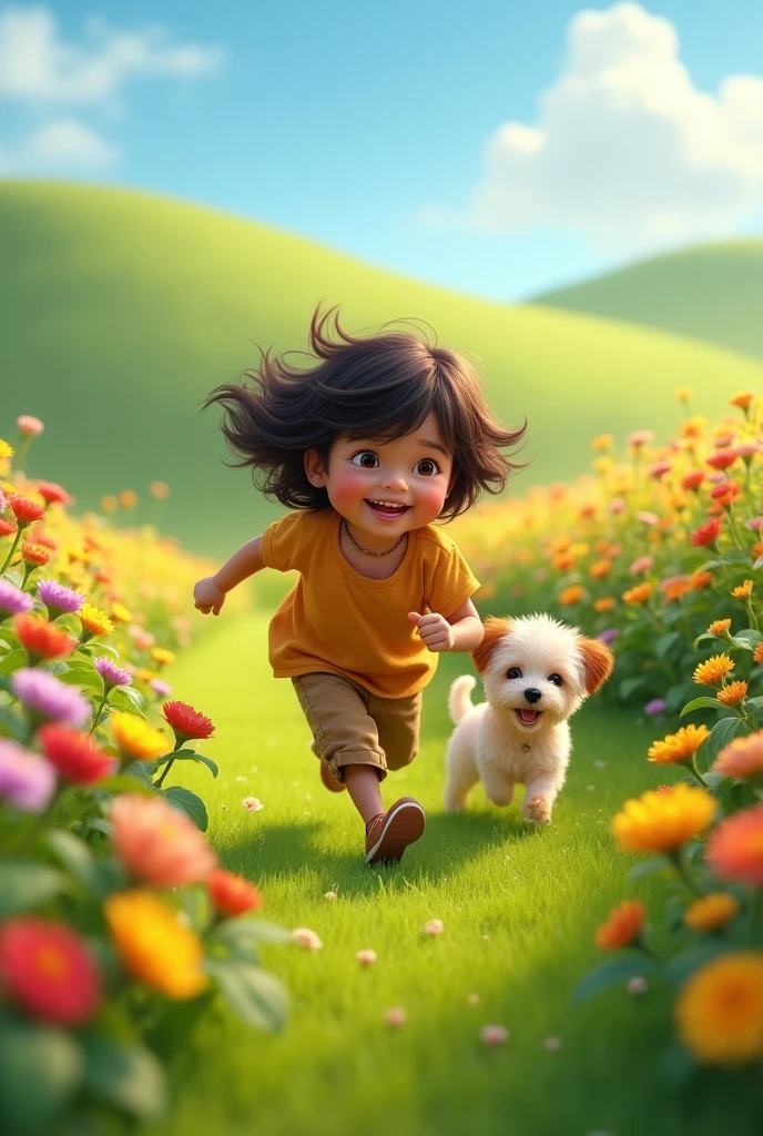Ali running joyfully through green fields with Bobo, colorful flowers all around, with both of them smiling and enjoying the fresh breeze.