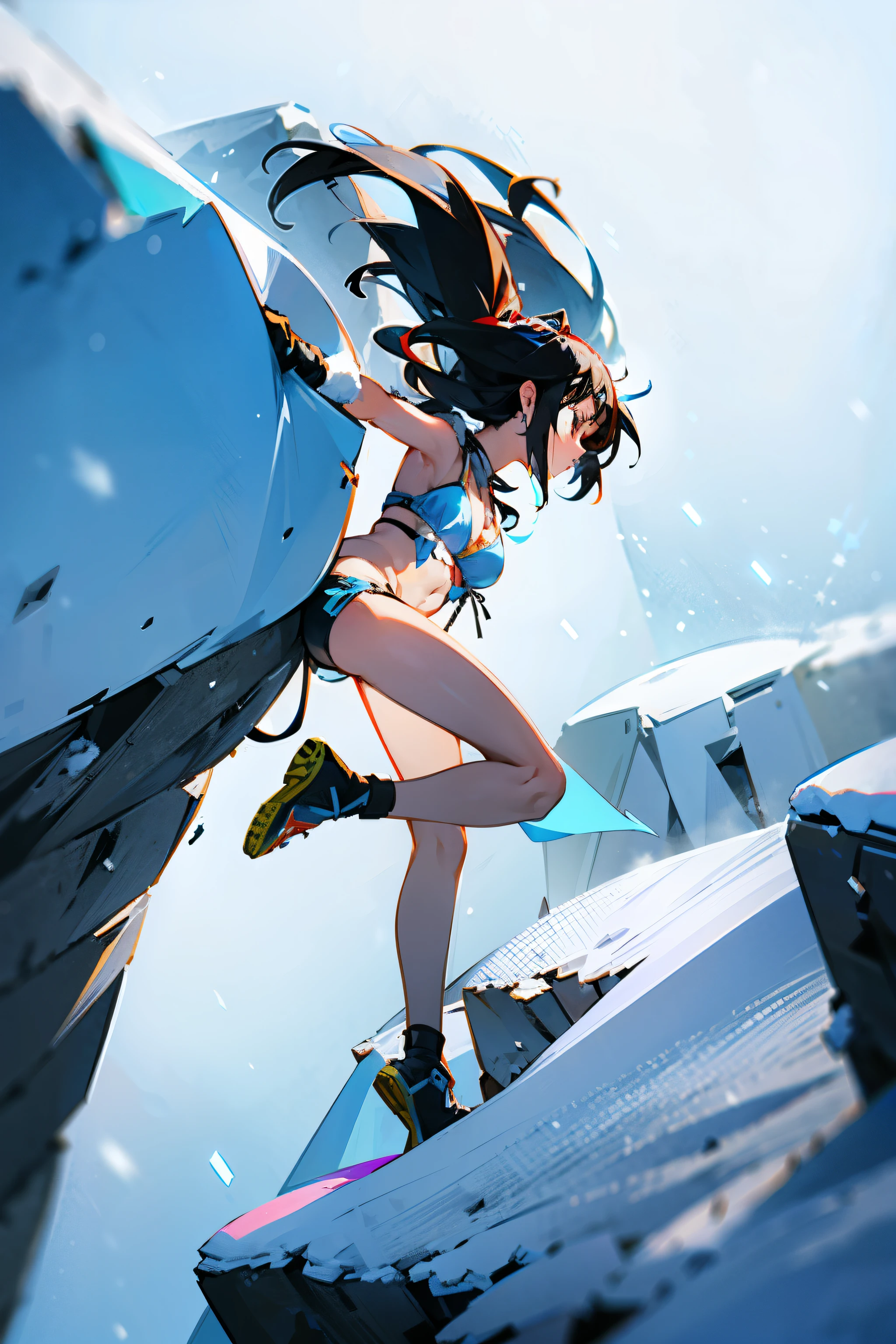 Beautiful girl with healthy body,free climbing,midriff,(((bikini))),breathing white air,strong snow storm,strong snowy day,flying snowflakes as background,climbing snow peak,crawling on a vertical cliff,high altitude,high height,precise face