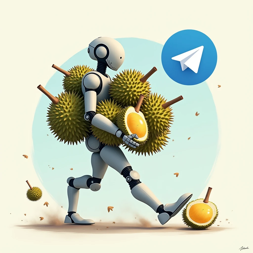 a robot holding a lot of durians is being chased by the telegram application, create image in 1:1 format