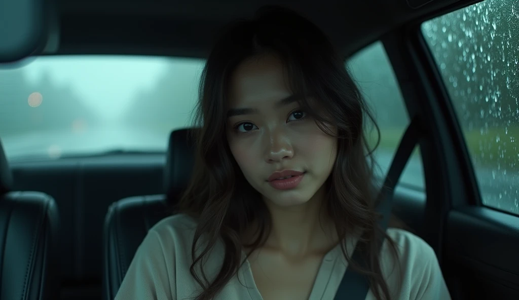 A beautiful woman is sitting in a car. ,It's raining outside. 4k details.