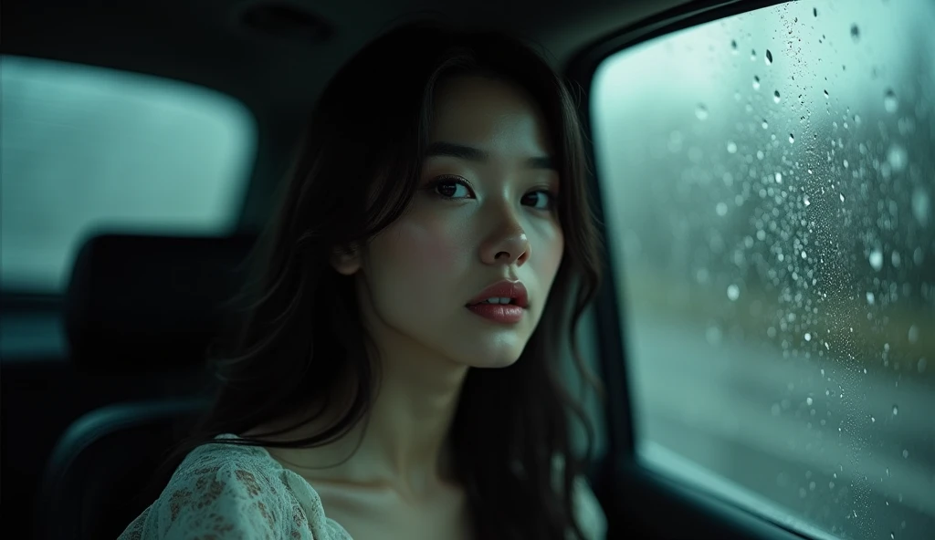 A beautiful woman is sitting in a car. ,It&#39;s raining outside. 4k details. 