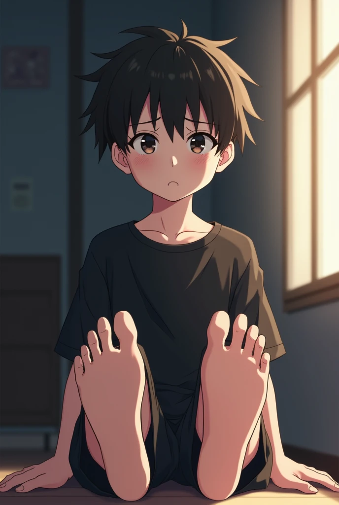 anime emo boy, tender, seated, shy, skin very white, nervous look, showing the soles of her feet, barefoot, front view, black shirt, Short negro