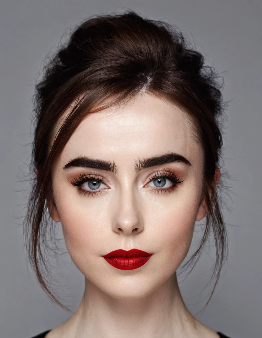 A waist-up portrait of a beautiful female whose facial features are a combination of Lily Collins + Fairuza Balk. The female has lovely makeup on her face. The female wears red lipstick. Symmetrical eyes. Symmetrical face. Lovely details. Photorealistic. Full-colored photo. Professional photo. Highly detailed 8K.