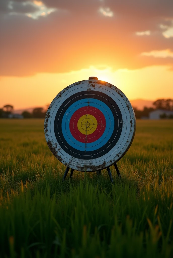 A realistic photo of an archery target in a field at sunset, golden hour lighting, long shadows