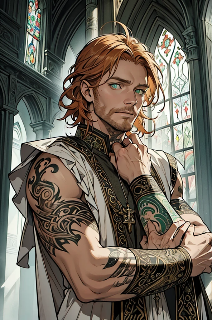 (masterpiece),(Very detailed),(Very detailed),(best quality), perfect lighting, fantasy priest 40 years old, ((short messy ginger hair)), tall, stunning, beautifull face, green eyes, priest clothing, animated style, perfect face, highest detail, stubble, detailed face, intricate details, tattoo on the eyes, expresionless