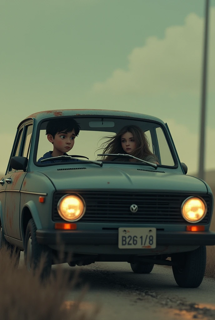 Boy droven a car with girl in sad romantic scean on road 