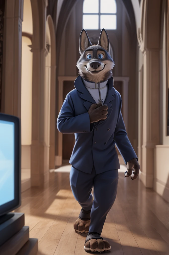 Larry (Zootopia), young волк, gray fur, (brown body:1.3), beautiful blue eyes, Zootopia, Blazer, trousers, Catholic priest, Pope, pectoral cross white collar, dog,wolfbrood fur, Male, second, paw pads, claws, looks at the viewer, 5 fingers, paws, 4 toes, B is walking down the street,sandals,
BREAK from nextel, for dating, by xenoforge, (difficult, high detail,digital photography, soft focus,close to the camera, smile, positive, Good, mood, Houses, looks at the viewer, очень close to the camera,Catholic priest,Houses сидит, television, hall, computer,
photorealism, realistic, photorealistic,digital style, subsurface scattering,очень close to the camera идет очень близко,
masterpiece, Best quality, ultra realistic, 8 thousand.)