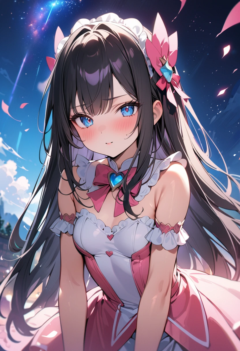 (masterpiece, best quality:1.5), (high resolution 8K), detailed eyes and face, detailed body, 
BREAK (1 girl, 1, long hair, black hair, straight hair, short bangs above brows, blue eyes, small breasts,
BREAK cute magical girl, cute frills magical girl costume, fantasy world, magical world, sparkling magical effects, colorful galaxy