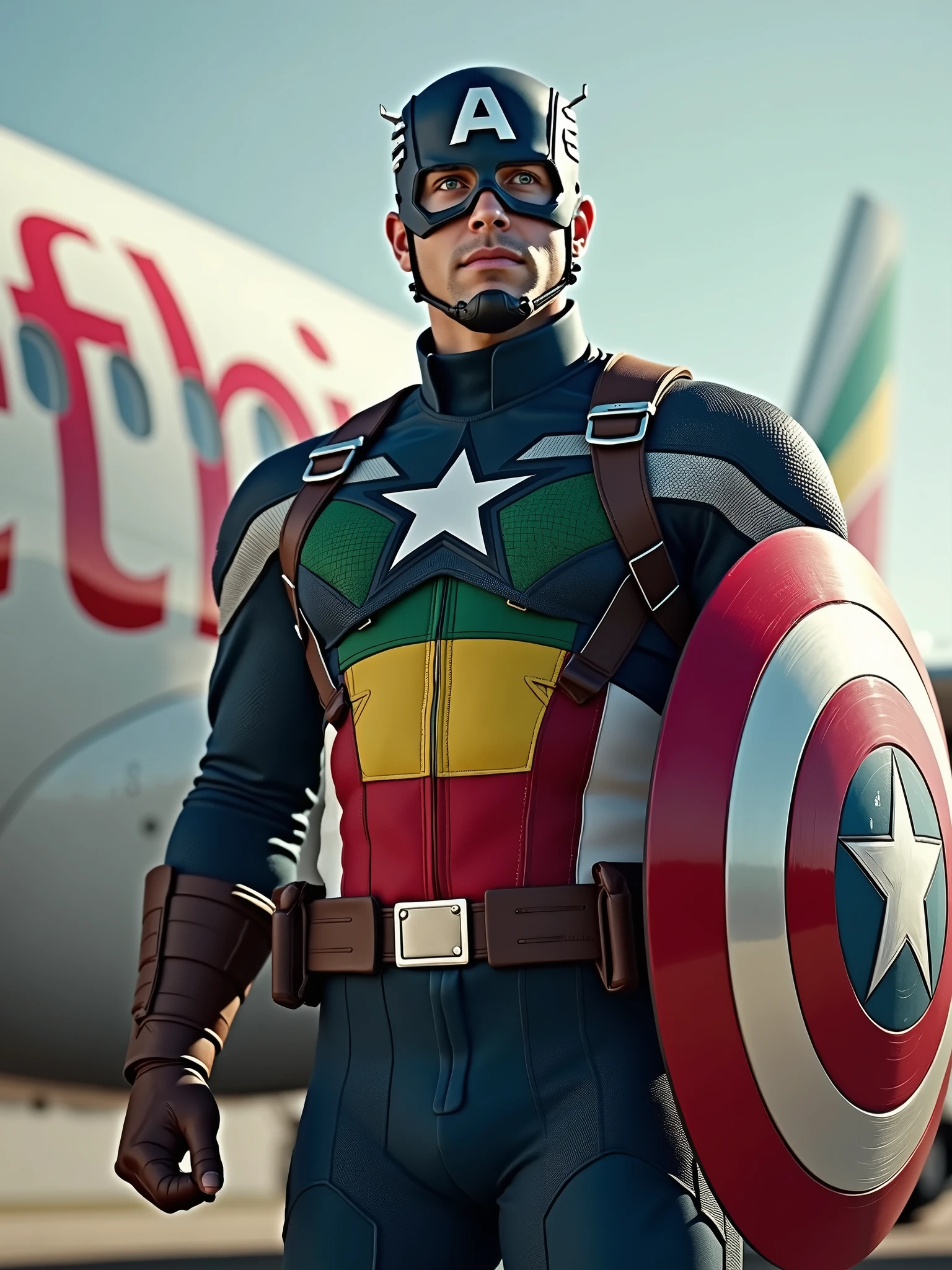 A capitain America dressing ethiopan flag and standing firm infront ofd Ethiopian airlines  plane